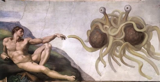 A parody of Michelangelo with Adam reaching toward the Flying Spaghetti Monster