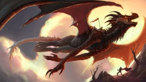 Fantasy dragon flying in front of a bright sun