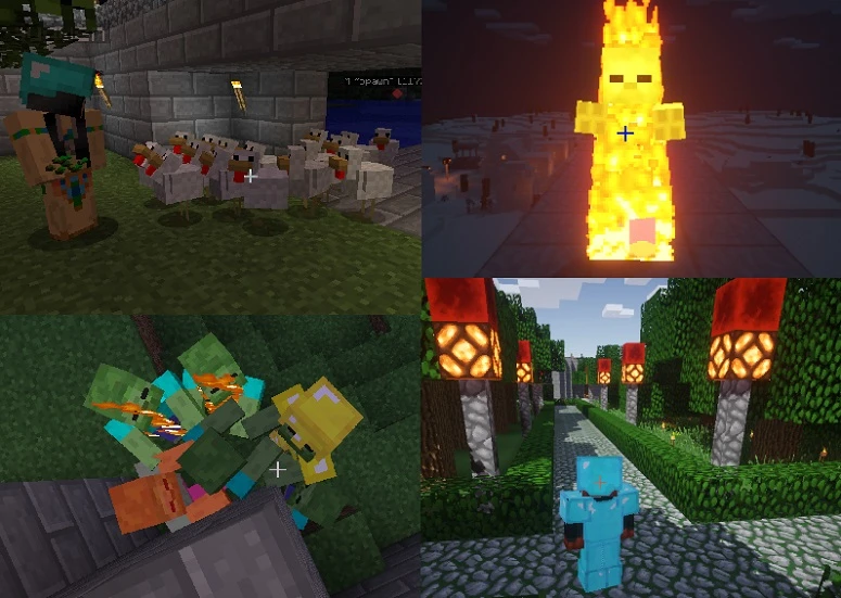 Four Minecraft screenshots showing chickens, a burning creature, riders in a minecart, and a lit stone path