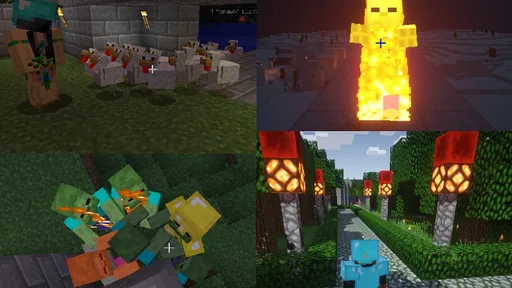 Four Minecraft screenshots showing chickens, a burning creature, riders in a minecart, and a lit stone path