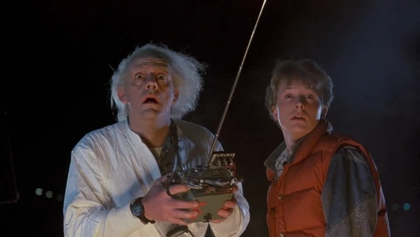 Doc Brown and Marty McFly looking shocked in Back to the Future