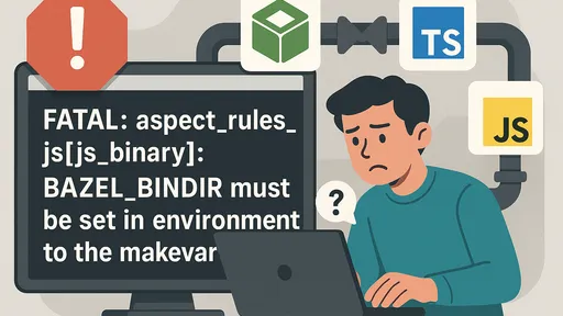 A puzzled developer at a laptop beside a large monitor displaying a missing BAZEL_BINDIR error