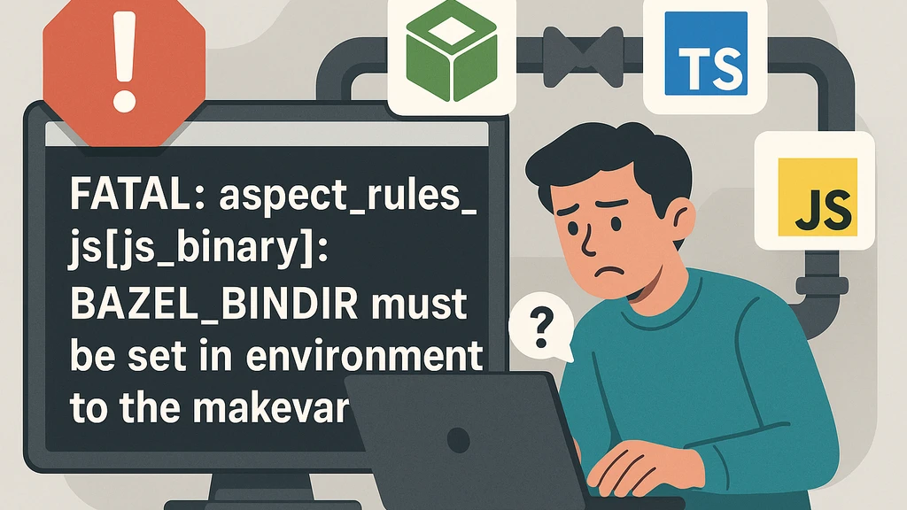 A puzzled developer at a laptop beside a large monitor displaying a missing BAZEL_BINDIR error