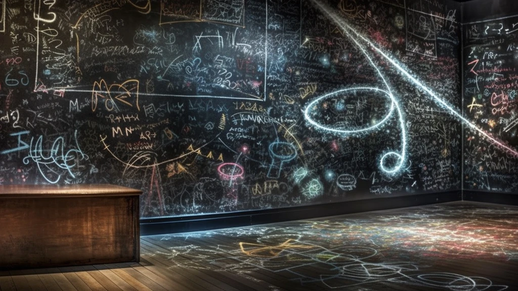 A large worn-out chalkboard covered with faded chalk mathematics and working notes.