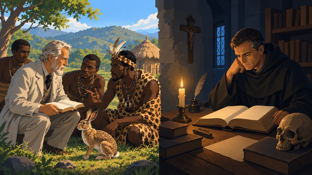 Four men with an open book and a hare outdoors, opposite a robed reader at a candlelit desk