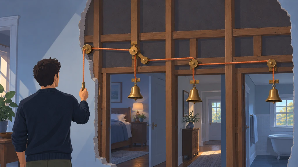 A man pulls a cord beside an exposed wall frame. Ropes run over pulleys to three brass bells above the adjoining rooms.