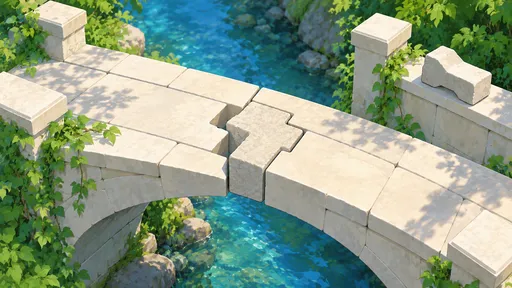 An interlocking stone joins two halves of a pale garden bridge above a clear blue stream.