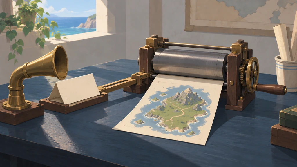 An island map emerges from a compact press beside a brass speaking tube and a folded blank request note.