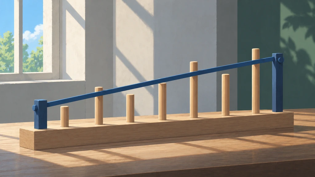 Uneven wooden pegs stand beside a straight rising blue guide clamped across a sunlit workbench.