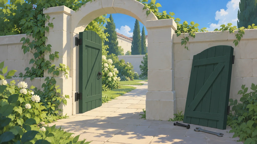 One green gate stands open in a stone garden arch, while a removed matching gate rests against the wall.
