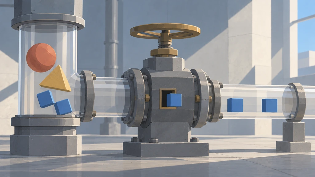 A metal filter links transparent pipes, with mixed shapes on one side and blue square blocks on the other.