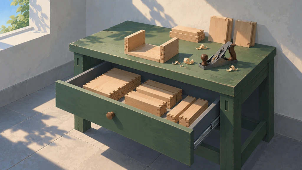 An open reserve drawer holds wooden parts beneath a small workbench with space for an active assembly.