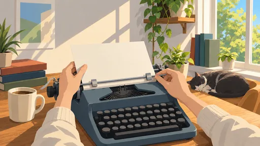 Hands adjust the paper guides of a typewriter on a sunlit desk before a blank page is written.