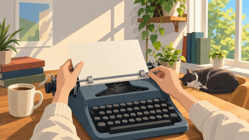 Hands adjust the paper guides of a typewriter on a sunlit desk before a blank page is written.