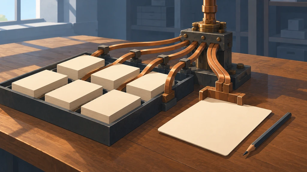 Copper rails gather stacks of blank cards into one larger sheet, with a pencil beside the output.