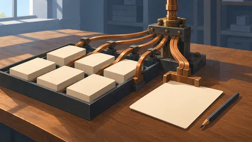 Copper rails gather stacks of blank cards into one larger sheet, with a pencil beside the output.