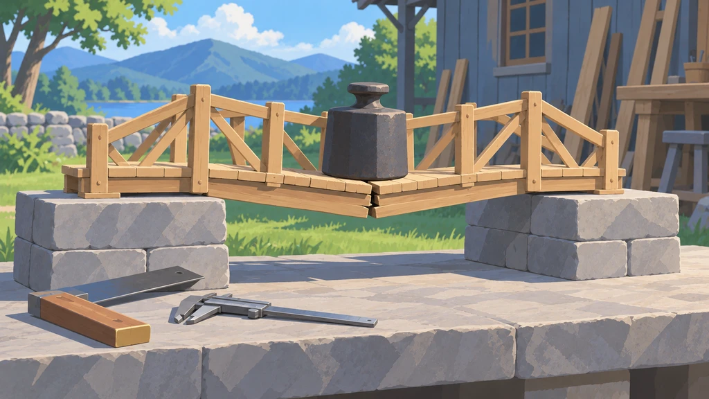 An iron weight rests above an opening joint in a wooden model bridge on a stone test bench.