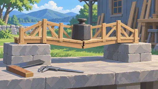An iron weight rests above an opening joint in a wooden model bridge on a stone test bench.