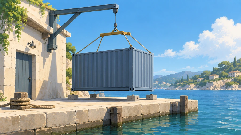 A small dockside hoist lowers one unmarked steel container onto matching supports beside a workshop.