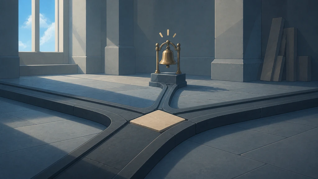Two dark guide rails merge at a pale stone tile that activates a brass reminder bell