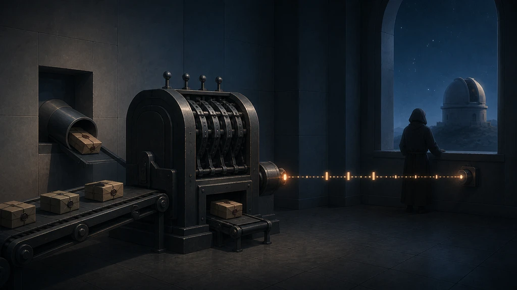 A mechanical counting gate turns sealed parcels into pulses sent toward a night observatory