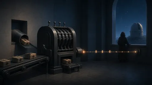 A mechanical counting gate turns sealed parcels into pulses sent toward a night observatory