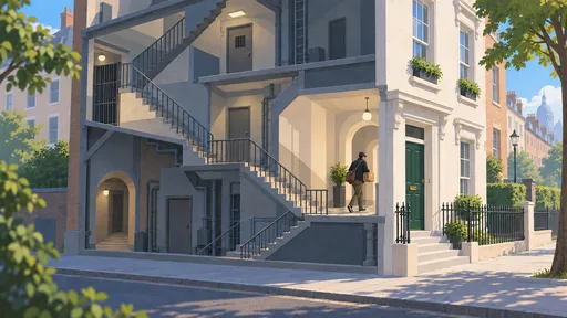 A building cutaway reveals winding stairs and a courier carrying a parcel toward a single green front door.