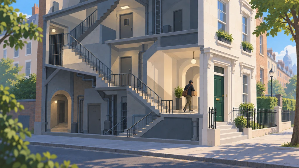 A building cutaway reveals winding stairs and a courier carrying a parcel toward a single green front door.
