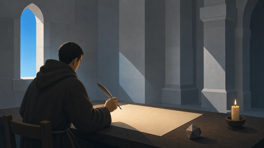 A robed scribe pauses with a quill over blank parchment in a gray stone room with a blue arched window.