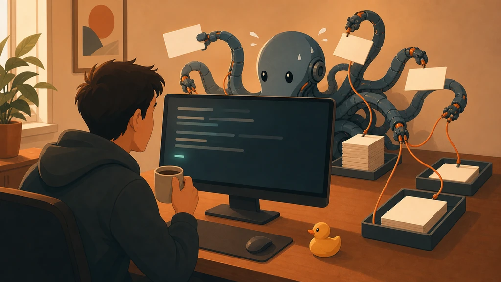 A calm developer watches a terminal-like screen while a busy mechanical octopus links blank cards between workspaces.