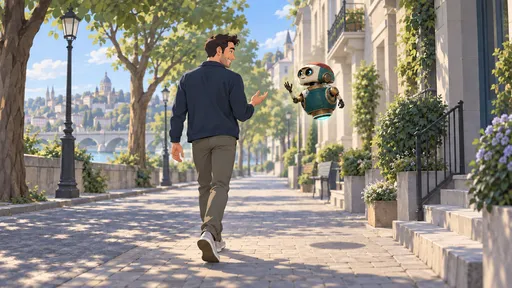 A smiling man walks along a leafy city street, gesturing to a small round droid hovering behind him.