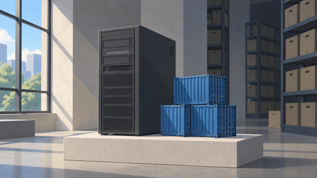 A charcoal server tower and three blue shipping containers on a stone plinth in a sunlit archive.