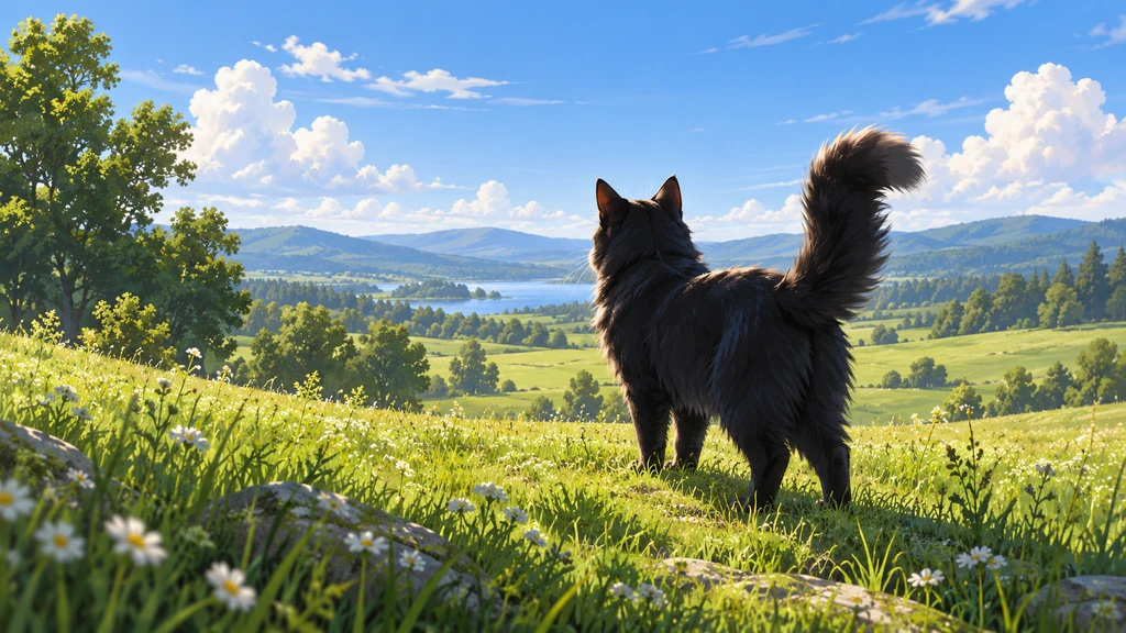 A fluffy black cat with its tail raised looks across a green summer meadow toward a lake and wooded hills