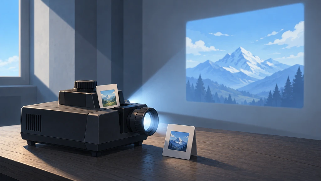 A slide projector and two landscape slides on a desk, with a blue mountain image projected onto the wall.