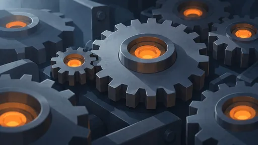 A small blue-gray gear meshes with a larger gear, surrounded by gears with orange-lit hubs.