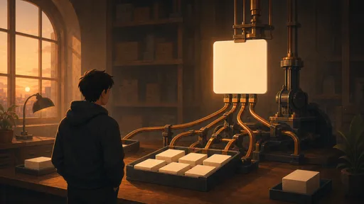 A person reviews a blank glowing card fed by branching copper rails in a warm workshop.