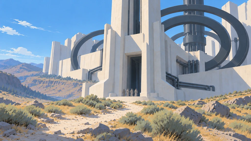 A monumental pale stone monastery with vast metal rings, robed figures at its entrance, and a rocky desert path.