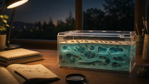A small transparent ant formicarium on a desk at night
