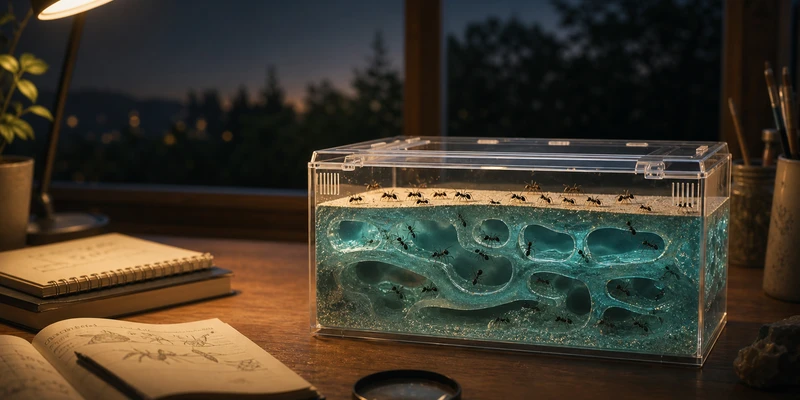 A small transparent ant formicarium on a desk at night