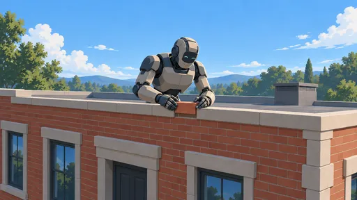 A smiling robot carefully lowers the final red brick into a gap along the roof of a finished brick building.