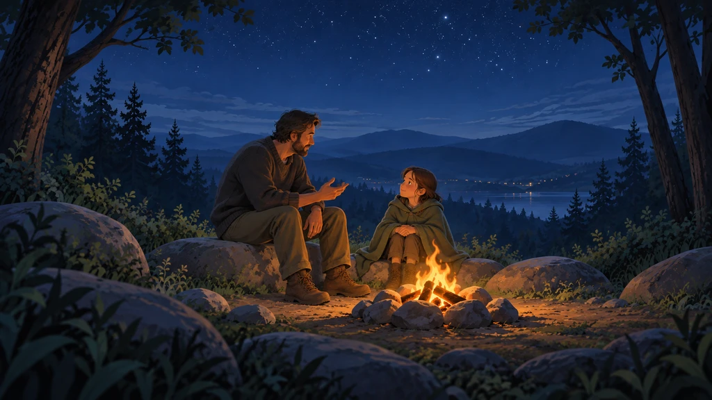 An adult telling a story to a child beside a small campfire in a blue woodland night