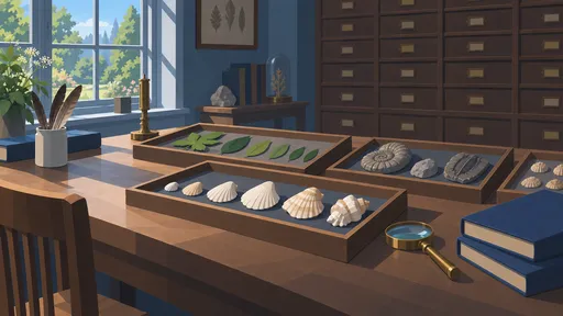 Rows of specimen trays on a naturalist’s workbench, with collection drawers behind them