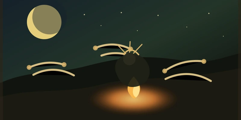 A stylized shaman silhouette under a crescent moon and stars