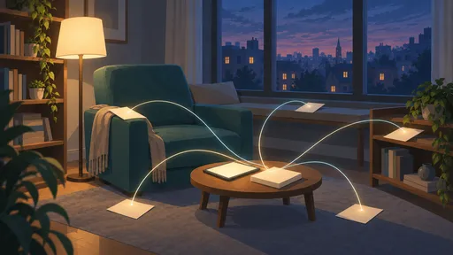 A teal armchair beside a warm floor lamp, with glowing threads connecting blank notes beneath a window overlooking the city at twilight