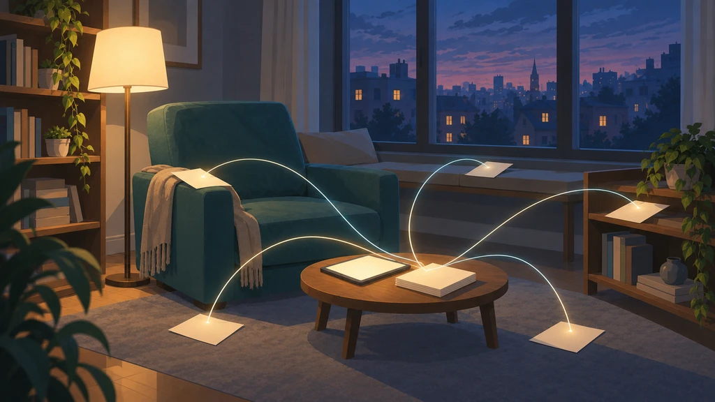 A teal armchair beside a warm floor lamp, with glowing threads connecting blank notes beneath a window overlooking the city at twilight