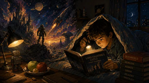 A child reading Lord Valentine's Castle by flashlight under a blanket fort, with a tin robot, sci-fi books, and a dreamlike night sky outside the window