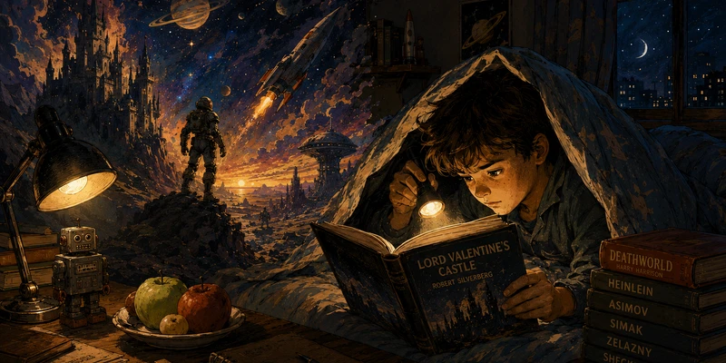 A child reading Lord Valentine's Castle by flashlight under a blanket fort, with a tin robot, sci-fi books, and a dreamlike night sky outside the window