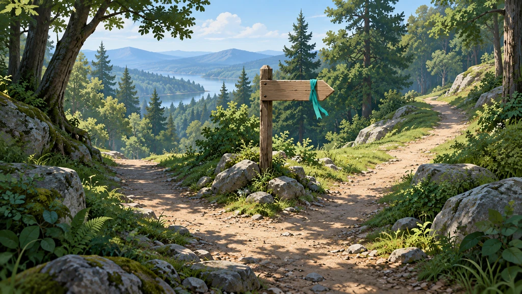 A forest path forks beside a wooden arrow with a teal ribbon pointing along the right-hand trail.