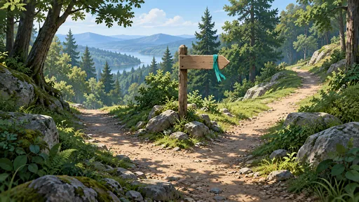 A forest path forks beside a wooden arrow with a teal ribbon pointing along the right-hand trail.