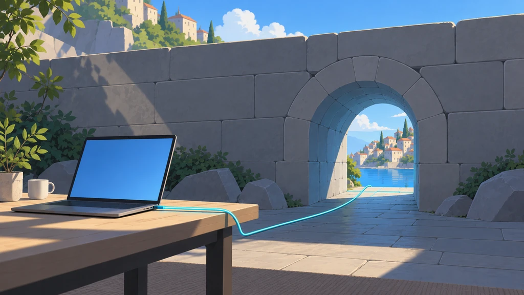 A blue cable connects a laptop to the outside through a passage in a stone wall